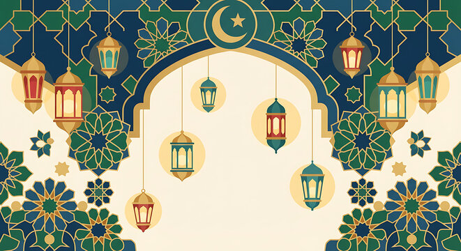 Elegant Islamic arch design with hanging lanterns, crescent moon, and star, featuring intricate geometric patterns in blue, green, and gold, perfect for Ramadan or Eid celebrations.