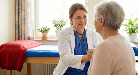 Doctor checking older patient with stethoscope in clinic setting