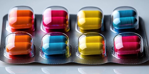 close-up of blister pack with eight brightly colored glossy capsules in neat rows on metallic foil reflecting light, vibrant playful clinical mood