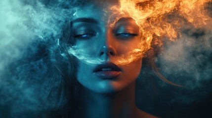 Shadowy figure framed by swirling teal smoke on one side and blazing orange smoke on the other, evoking tension, mystery and inner conflict