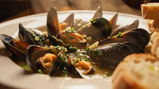 A close-up shot of a steaming bowl of mussels in broth, garnished with herbs, with toasted bread
