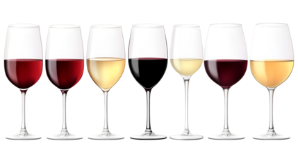 A selection of six elegantly shaped wine glasses showcasing deep red and pale yellow varieties for tasting events on transparent background