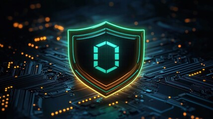 neon glowing digital shield with a segmented zero symbol hovering above an illuminated circuit board, evoking futuristic protection and secure confidence