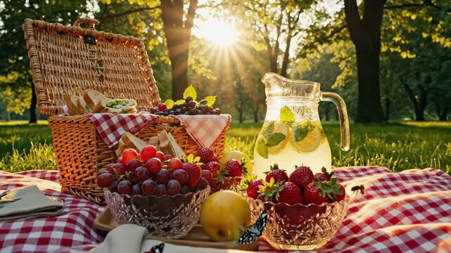 A picnic scene in a park, with food, drinks, a basket, and a red-and-white checkered blanket