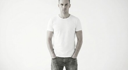 Handsome man standing, hands in pockets, looking at camera