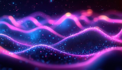 glowing neon pink and blue undulating particle waves forming a shimmering mesh and bokeh-filled digital landscape, dreamy futuristic and hypnotic