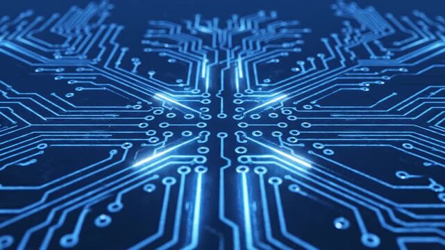 Abstract digital circuit board pattern illuminated with neon blue lights
