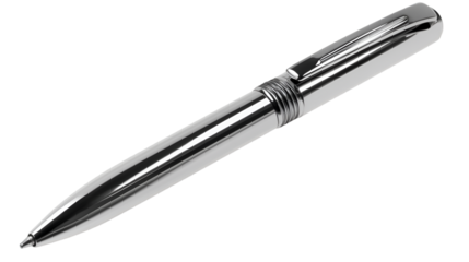 Sleek metallic silver ballpoint pen featuring a classic clip and detailed grooved grip area on transparent background