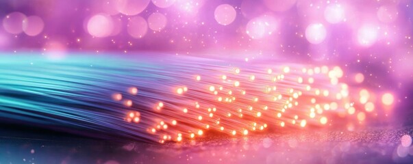 glowing fiber optic strands with warm orange light points and dreamy pink purple bokeh, teal to magenta luminous threads evoking a magical futuristic mood