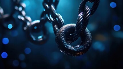 Close-up of twisted steel cables threaded through heavy metal rings, glistening with moisture against a moody blue bokeh background, evoking strength and tension