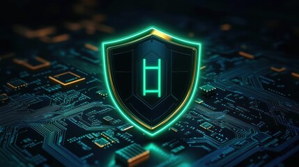 futuristic neon shield hovering above a glowing circuit board and microchips, conveying digital protection, security, trust and vigilance