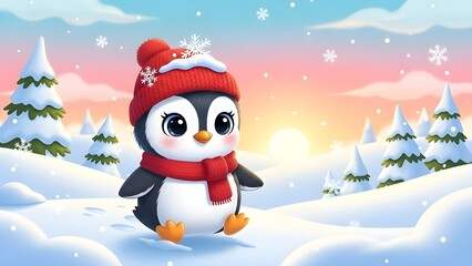 Adorable Cartoon Penguin Wearing a Red Hat and Scarf in a Snowy Winter Landscape at Sunset