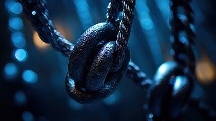 Close-up of interlocked metal rings and braided steel cables with textured surfaces, moody blue lighting conveying strength and mystery