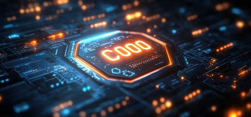 Glowing hexagonal microchip labeled C000 on a futuristic blue circuit board with orange neon lights and blurred depth, conveying sleek high-tech energy and digital intensity