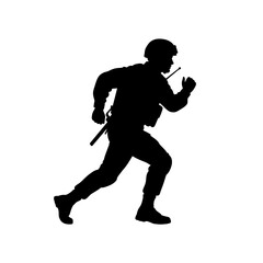 Fototapeta premium Silhouette of a soldier running with weapon, tactical gear, military action, white background