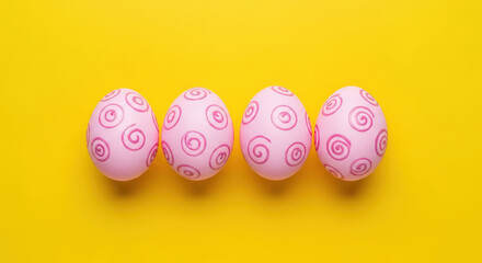 Four Pink Easter Eggs On Yellow Background Pattern Circle Design Painted Shell Tradition Decoration Celebration Season Holiday Food Color Pastel Studio