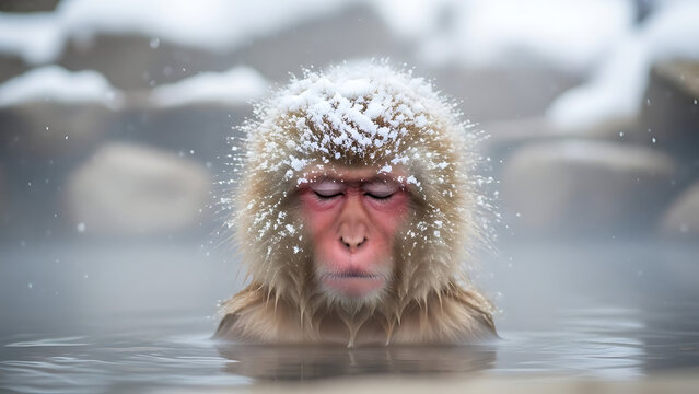 Japanese Snow Monkey relaxing peacefully in a steamy hot spring with snow falling on its head, winter in Japan.