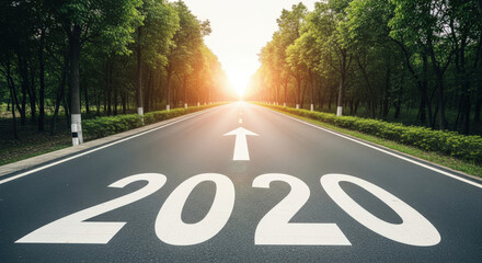 Forward to New Year 2020 Road Arrow Marking on Pavement Indicates Direction Goal Strategy Planning Future Success Motivation Achievement