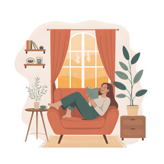 Relaxed Woman Reading Book on Cozy Sofa by Sunny Window Illustration