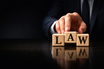 Businessman in suit touching wooden blocks spelling LAW on black table with reflection, justice concept