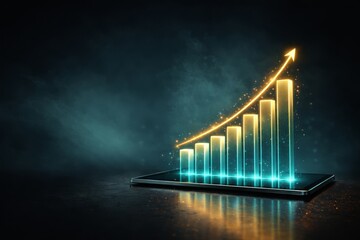 Digital bar chart glowing above smartphone with golden upward arrow symbolizing financial success