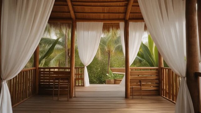 Serene tropical veranda with white curtains and lush greenery, offering a peaceful sanctuary for relaxation and contemplation amidst nature's beauty and tranquility