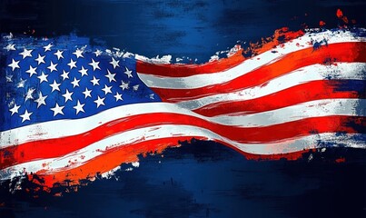 grungy painted united states flag with stars and stripes waving over a textured blue background, bold energetic patriotic pride and movement