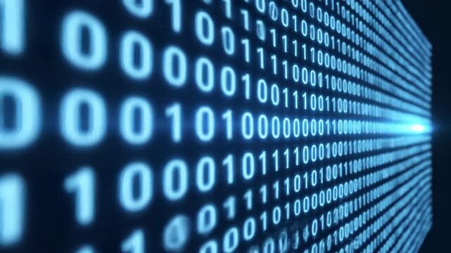 Abstract digital data stream of binary code on dark background