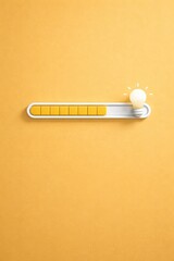 Creative idea progress bar with glowing light bulb on yellow background