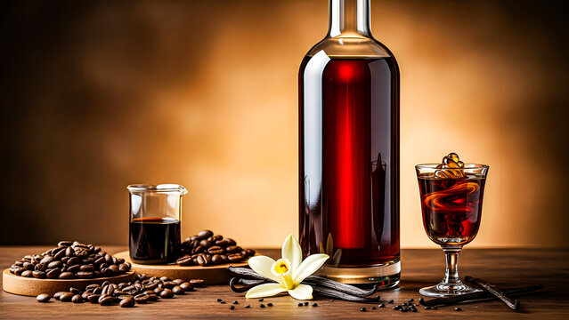 Dark Liquor and Coffee Beans with Vanilla Pods on Table