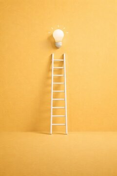 Ladder to Glowing Lightbulb on Yellow Background &mdash; Innovation and Success Concept