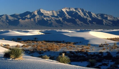 A vast expanse of white sand dunes stretches before a backdrop of snow-capped mountains, bathed in the soft light of dawn or dusk.