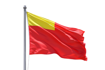 Red flag with yellow triangle waving on a pole isolated on transparent background