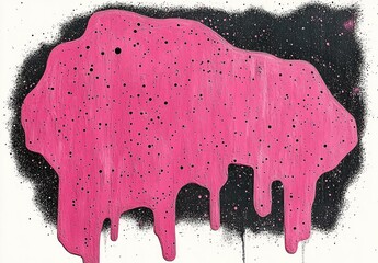 irregular hot pink paint blob with dripping runs and black speckled halo on white background, playful and edgy abstract texture