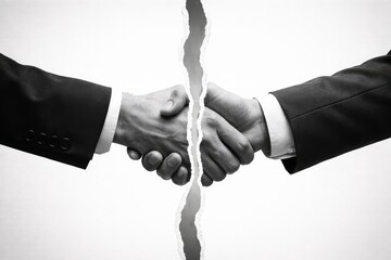 Business handshake with vertical tear symbolizing fragile agreement