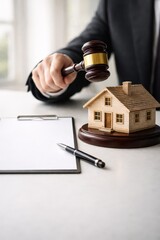 Judge striking gavel near wooden house model and contract