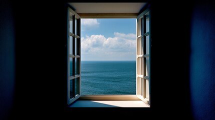 Fototapeta premium Open Window View: Azure Sky, Clouds, and Endless Ocean Horizon