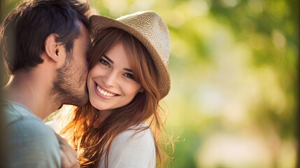 Fototapeta premium Sunlit Serenity: Joyful Couple Embracing in Summer Greenery