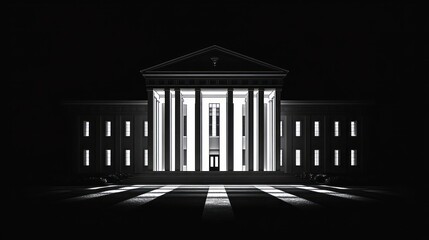 Fototapeta premium Grand neoclassical building with tall columns and lit portico at night, dramatic high-contrast lighting and empty striped pathway conveying a solemn, mysterious mood