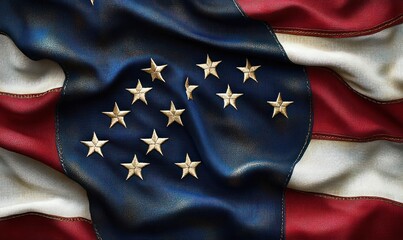 close-up of a worn waving american flag with stitched golden stars on a deep blue field and red and white stripes conveying pride and reverence