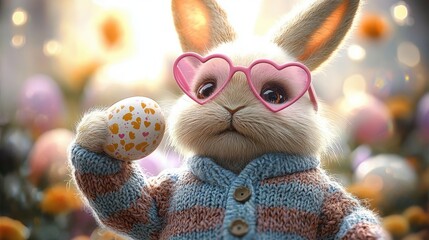 Fluffy bunny wearing pink heart sunglasses and a cozy striped knitted sweater holding a decorated Easter egg amid soft glowing spring flowers, adorable and whimsical