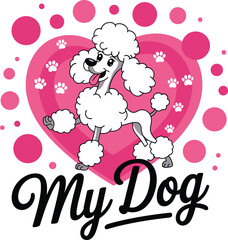 Fluffy White Dog in Pink Heart with Paw Prints and My Dog Text