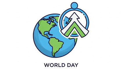 Earth globe with green and blue continents, white and green arrow symbolizing growth and progress on world day, a celebration of our planet and community