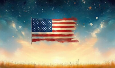 tattered american flag on a pole above a golden grassy field under a starry twilight sky, evoking wistful patriotism and hopeful melancholy