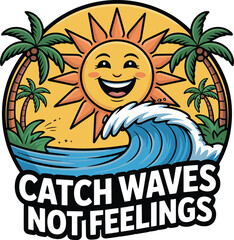 Happy Sun Waving with Palm Trees and Ocean Waves smiling