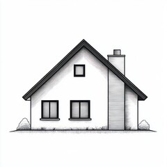 minimal black and white sketch of a small gable-roof house with chimney, two ground-floor windows, one attic window, shrubs and a calm cozy feel