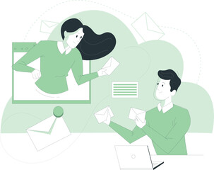 Colleagues exchanging letters in a modern office setting with a subtle green aesthetic