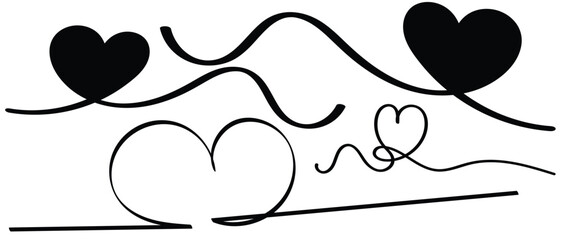 Heart line drawing ribbon in vector doodle sketch. Wedding, Valentine day love heart scribble line . Love heart vector, continuous one line drawing. Vector illustration. Heart border, divider set.