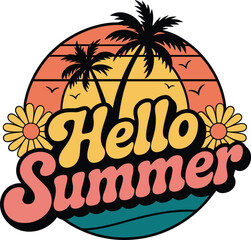 Hello Summer Greeting Card with Palm Trees and Sun