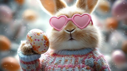 fluffy bunny wearing heart-shaped pink sunglasses and a pastel knitted sweater holding a decorated easter egg, playful and confident expression